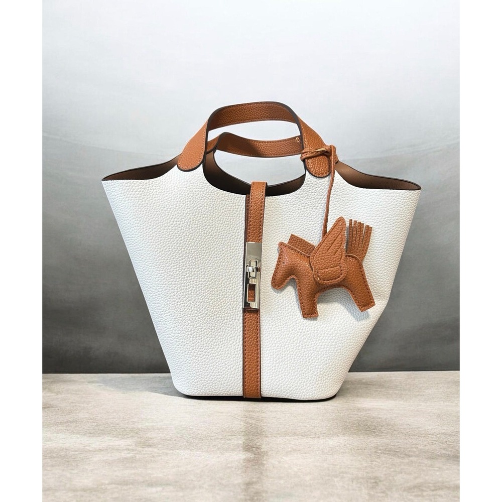 Kadynow Vegan Leather Bucket Purse White Tan Winged Horse Charm Handbag